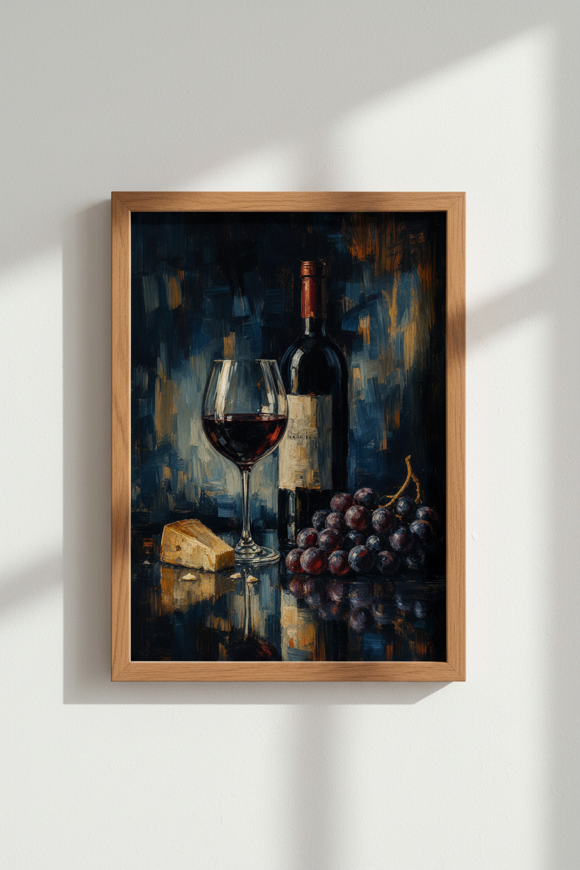 Moody Wine Art Print | Dark Still Life Oil Painting Decor, Kitchen &amp; Bar Poster