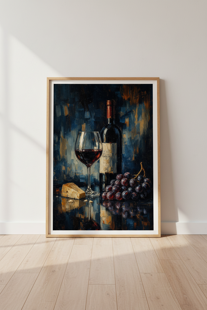 Moody Wine Art Print | Dark Still Life Oil Painting Decor, Kitchen &amp; Bar Poster