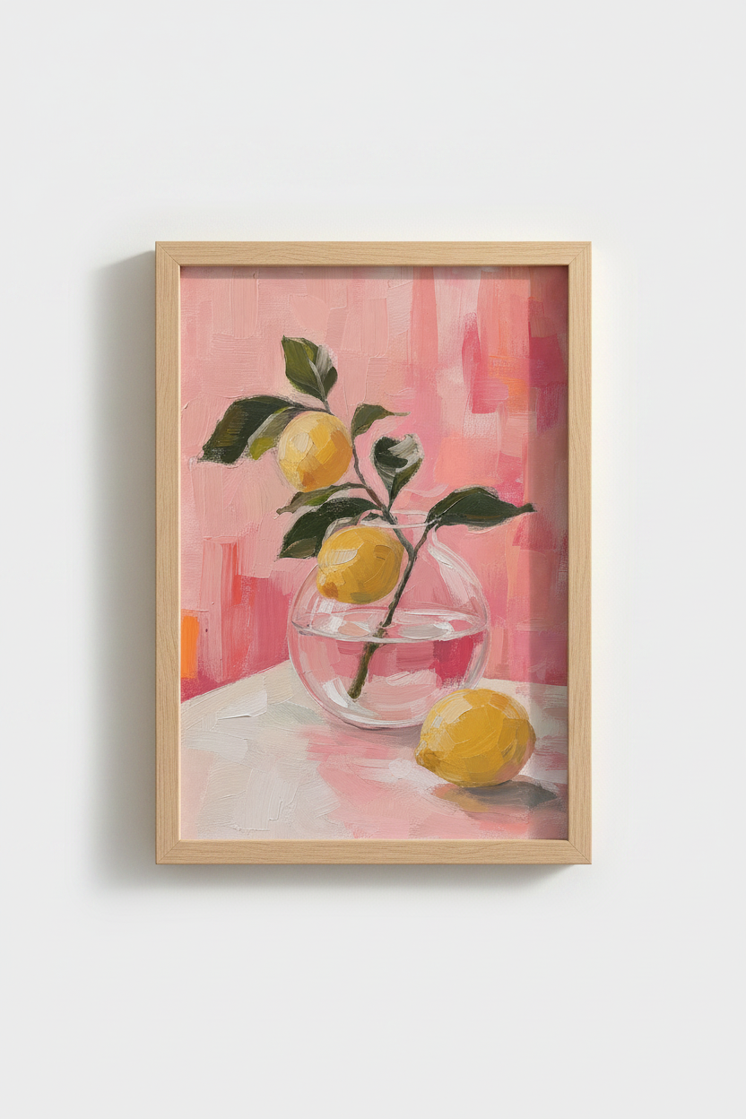 Lemon Oil Painting Print | Pink and Yellow Still Life, Kitchen Wall Decor