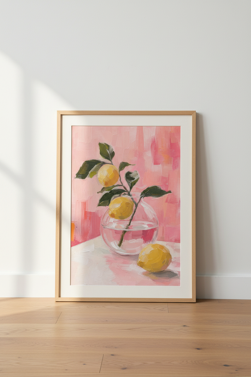 Lemon Oil Painting Print | Pink and Yellow Still Life, Kitchen Wall Decor