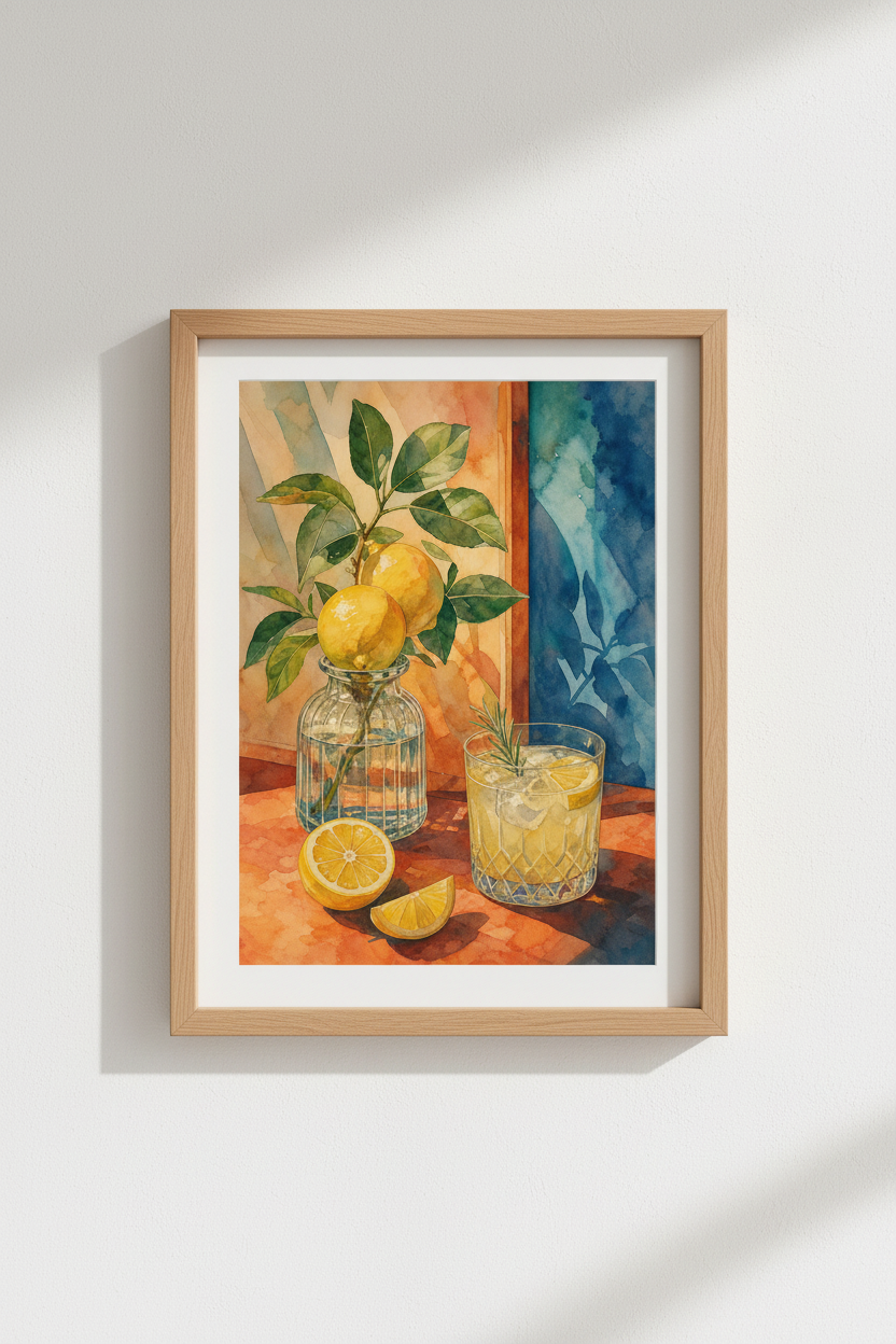 Citrus Kitchen Wall Art | Lemon Watercolor Still Life, Mediterranean Style Decor Poster