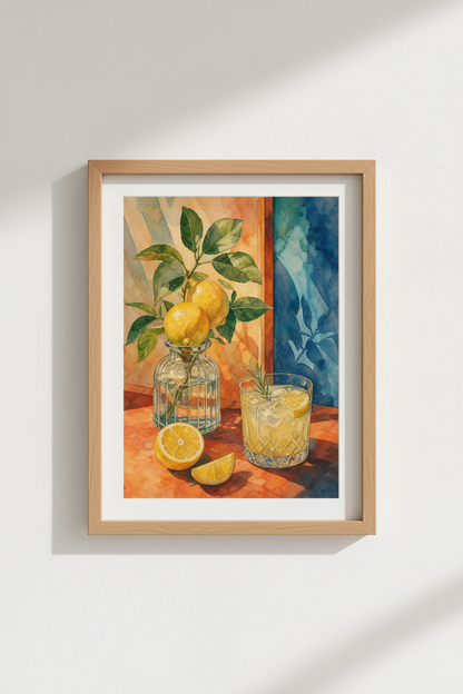 Citrus Kitchen Wall Art | Lemon Watercolor Still Life, Mediterranean Style Decor Poster