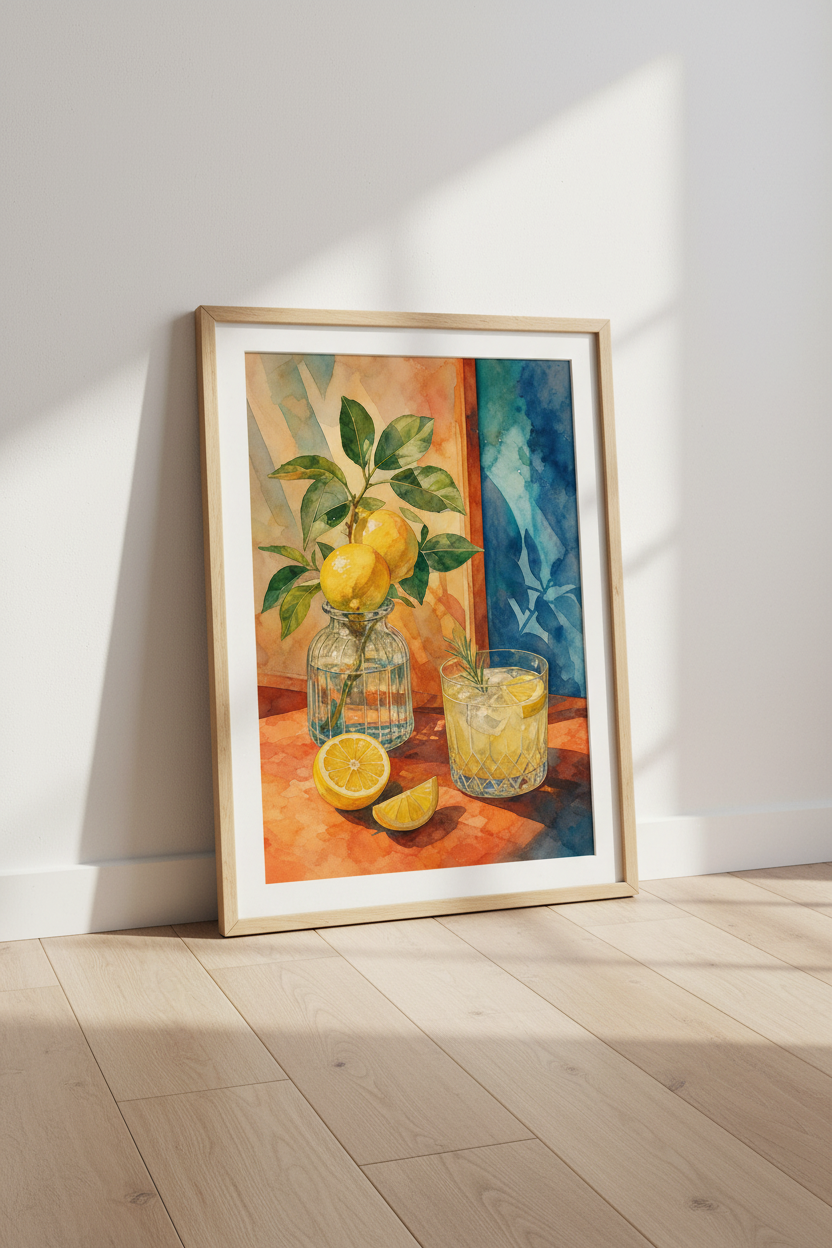 Citrus Kitchen Wall Art | Lemon Watercolor Still Life, Mediterranean Style Decor Poster