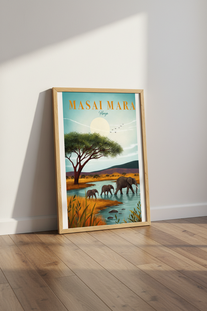 Masai Mara Kenya Travel Poster | Elephant Safari Wildlife Art, Living Room Decor