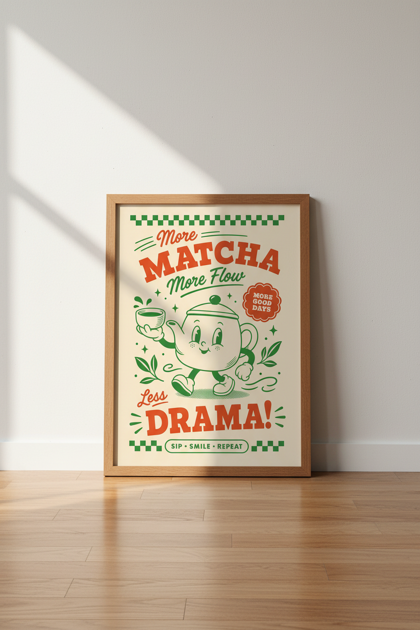 Retro Matcha Teapot Wall Art | Green Kitchen Decor | Fun Graphic Poster