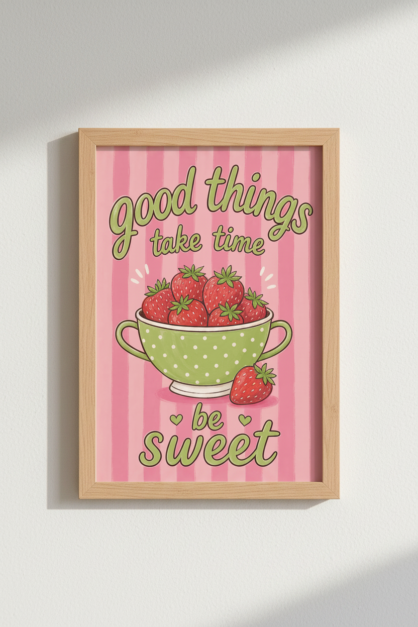 Strawberry Kitchen Wall Art Print | Pink Cottagecore Decor | Fruit Aesthetic Poster