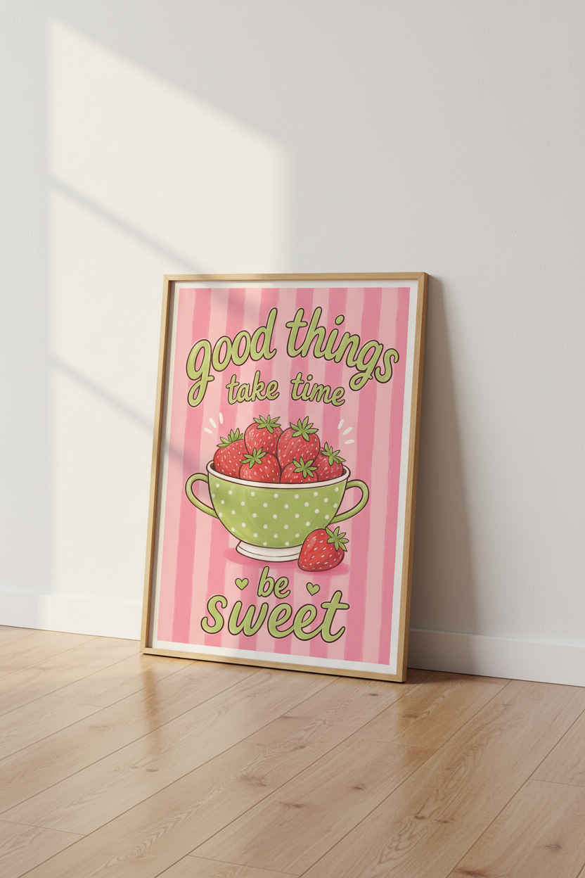 Strawberry Kitchen Wall Art Print | Pink Cottagecore Decor | Fruit Aesthetic Poster