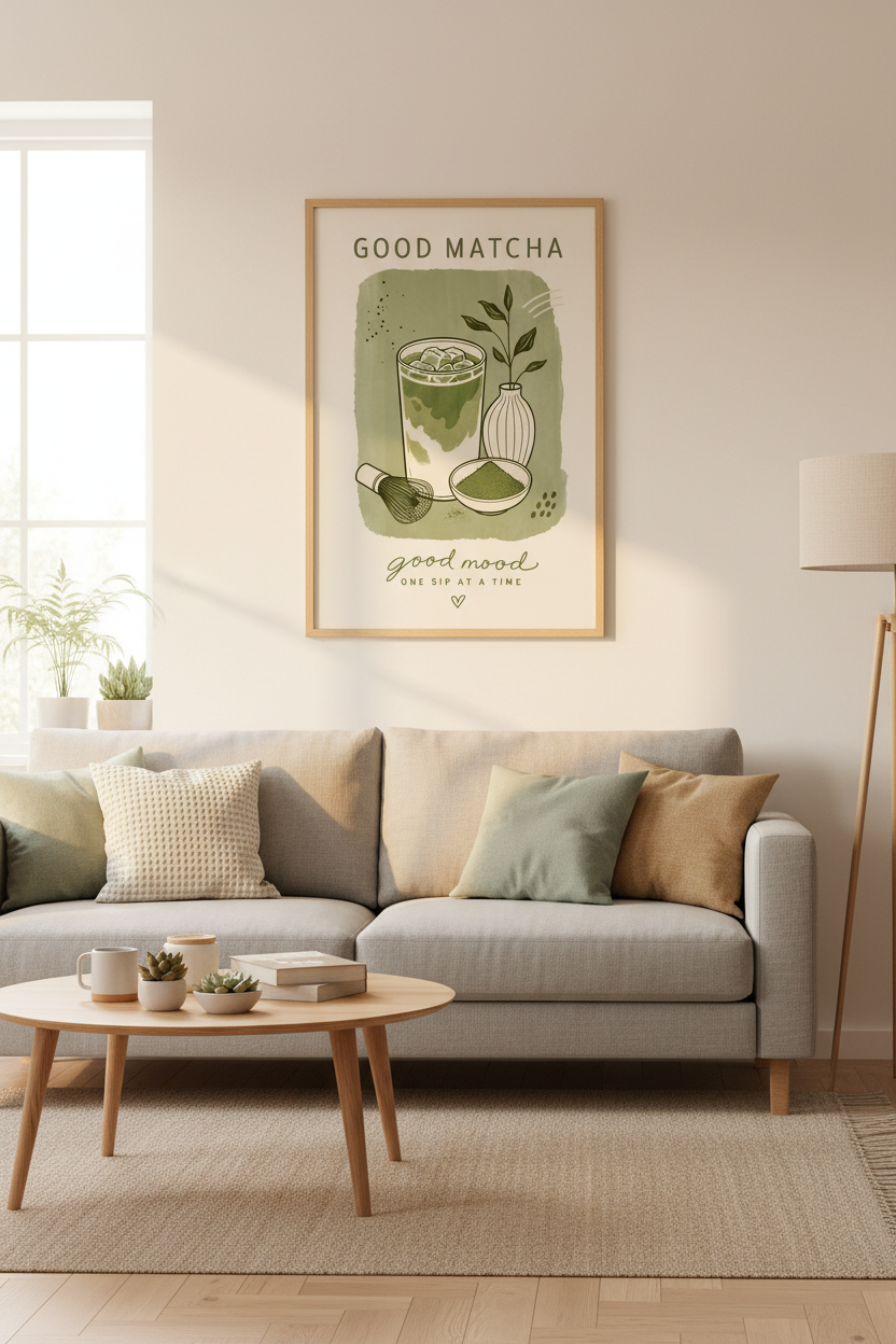 Iced Matcha Latte Art Print | Sage Green Kitchen Decor | Japandi Aesthetic Poster