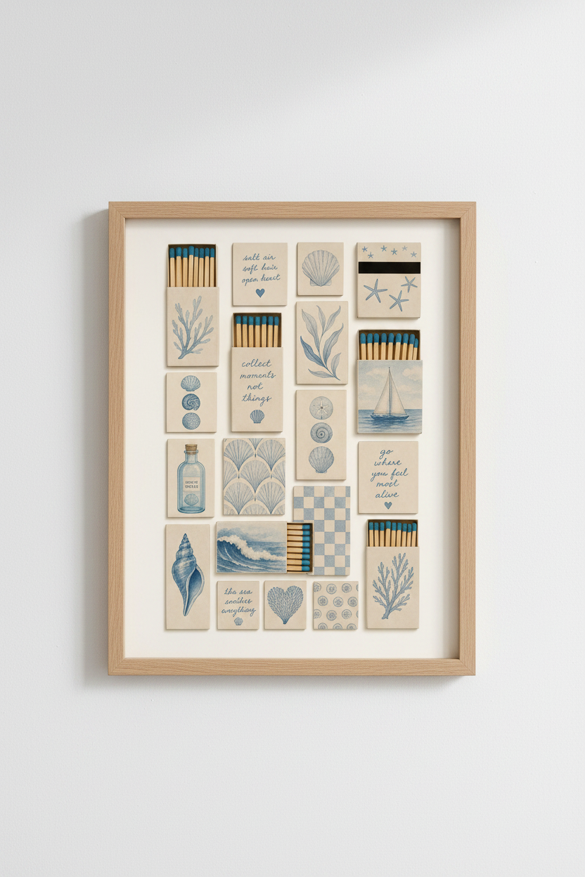 Coastal Matchbox Wall Art Print | Beach House Decor | Blue &amp; Beige Nautical Poster