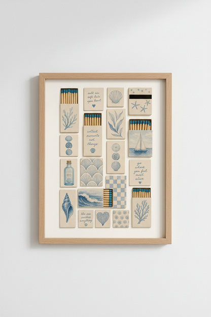 Coastal Matchbox Wall Art Print | Beach House Decor | Blue &amp; Beige Nautical Poster