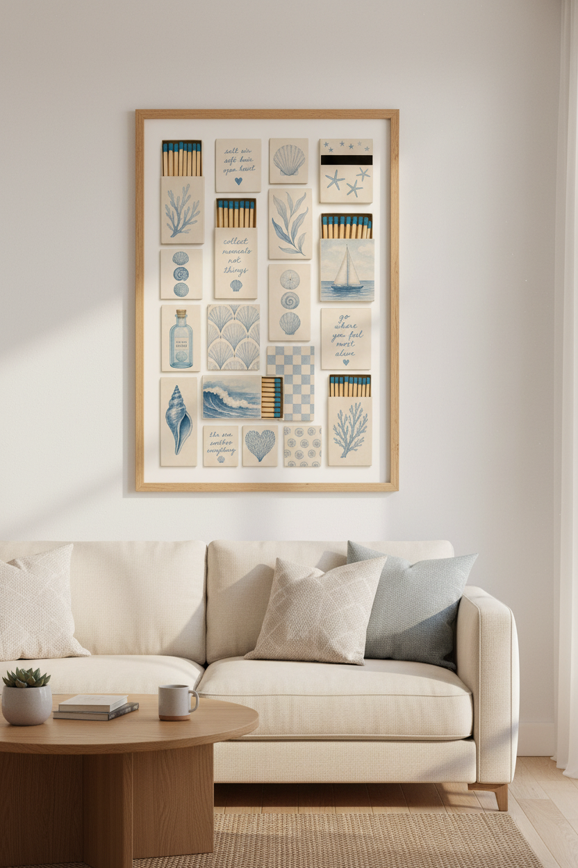 Coastal Matchbox Wall Art Print | Beach House Decor | Blue &amp; Beige Nautical Poster