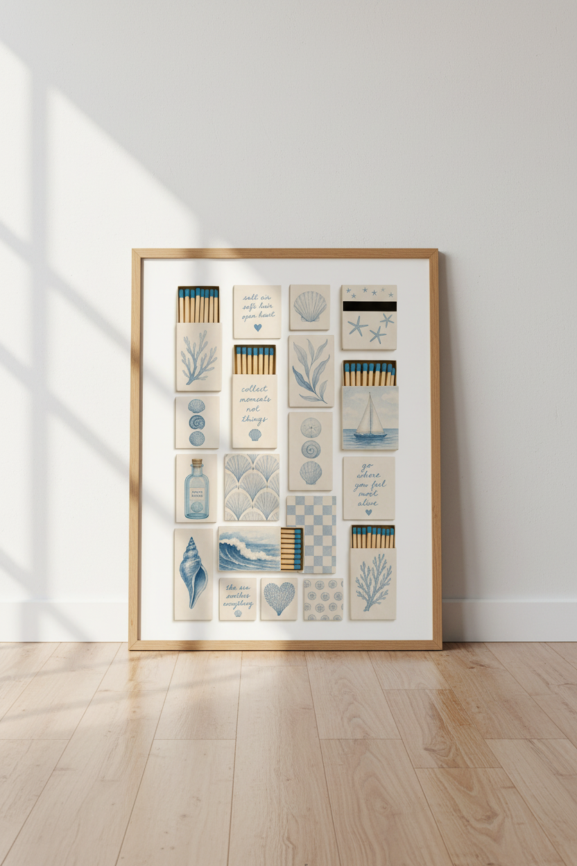 Coastal Matchbox Wall Art Print | Beach House Decor | Blue &amp; Beige Nautical Poster