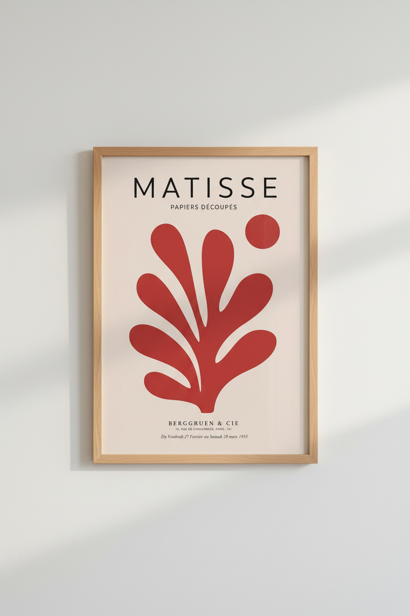 Matisse style poster | Abstract red leaf motif, living room decor