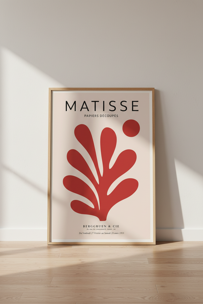 Matisse style poster | Abstract red leaf motif, living room decor