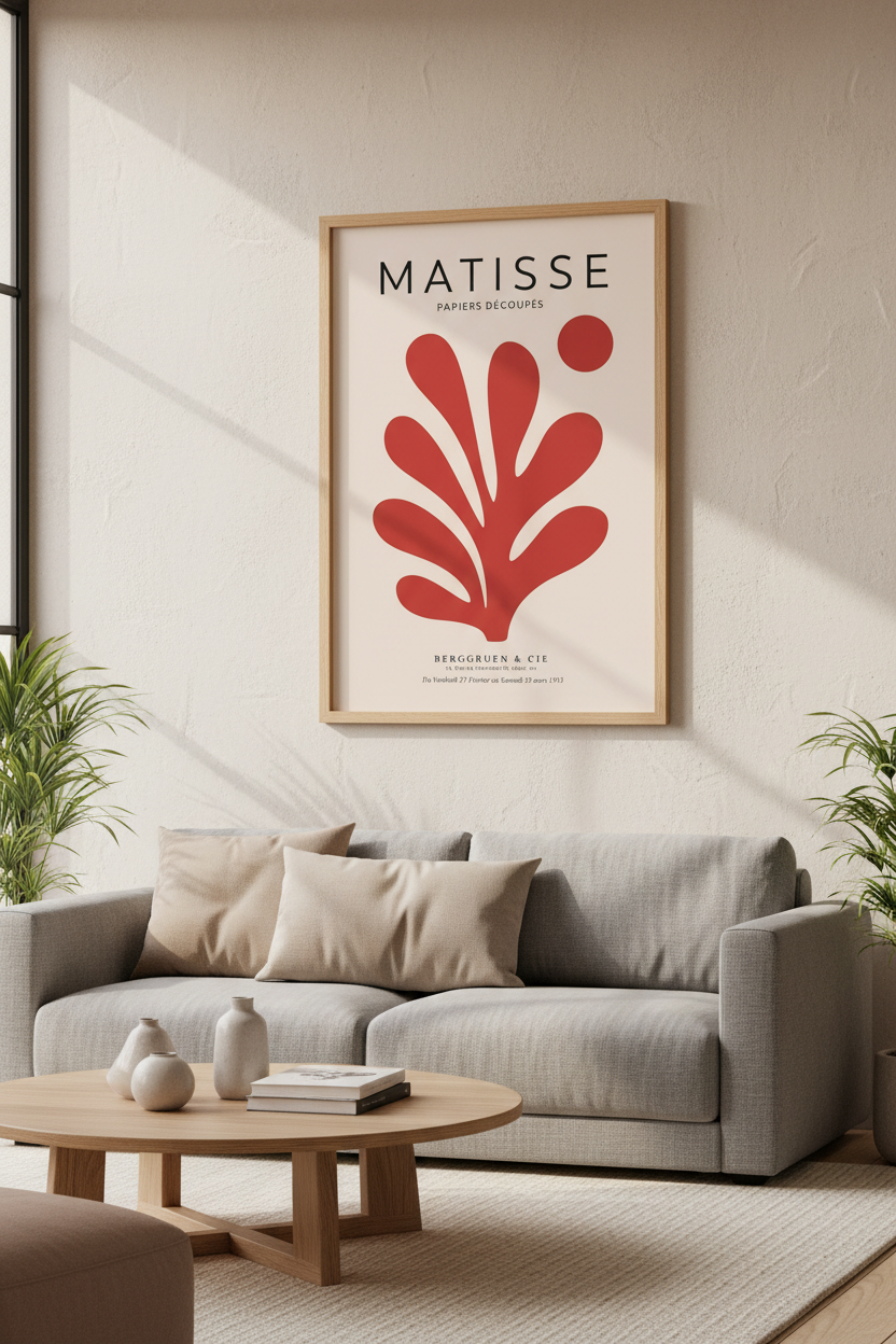Matisse style poster | Abstract red leaf motif, living room decor