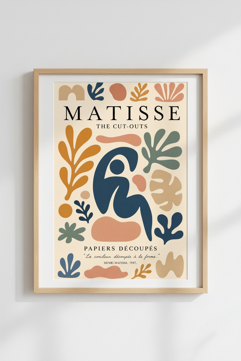 Close-up of a Matisse-inspired abstract print with warm cut-out shapes