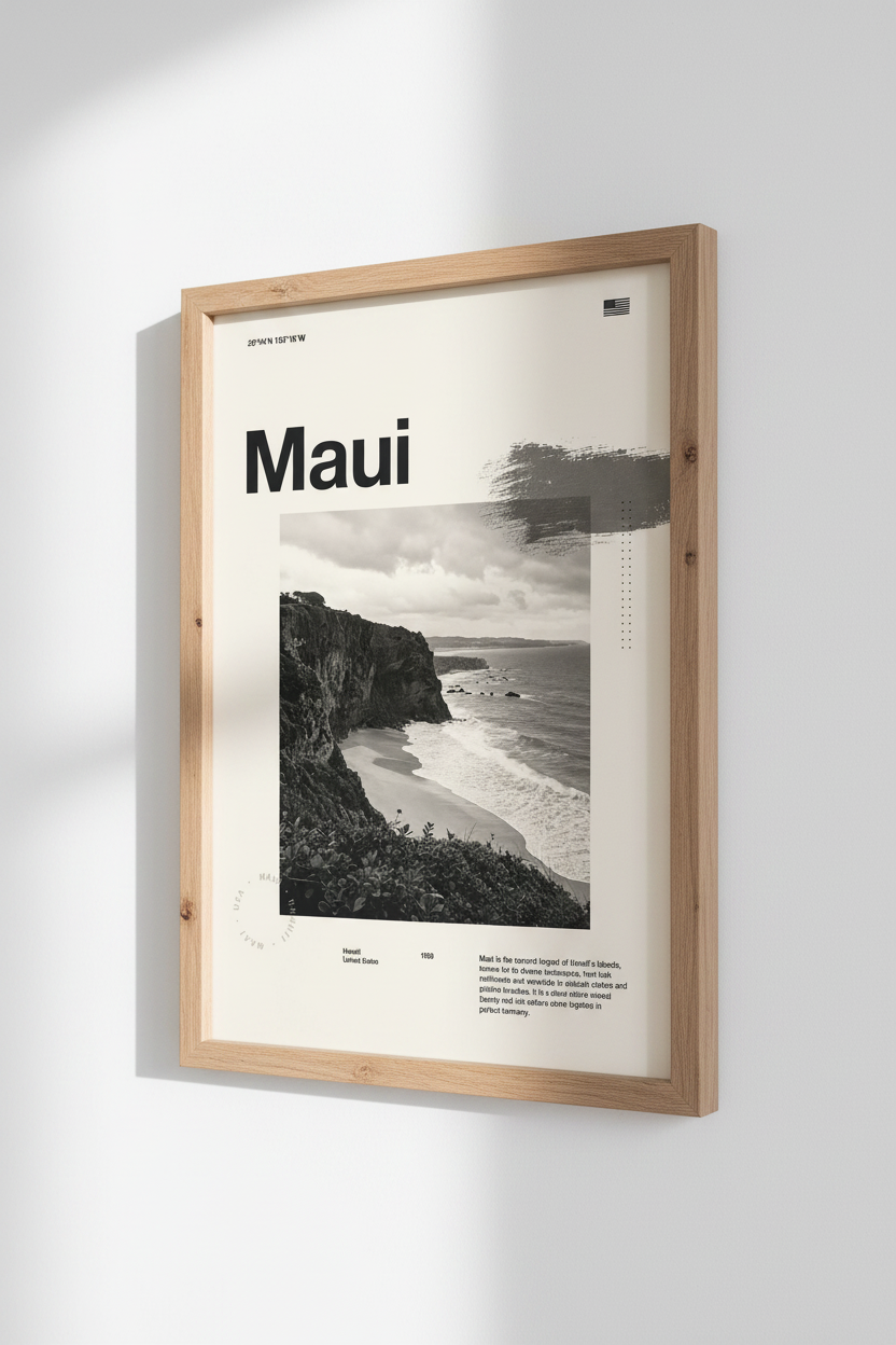 Maui Hawaii Travel Poster | Minimalist Black and White Wall Art, Office Decor