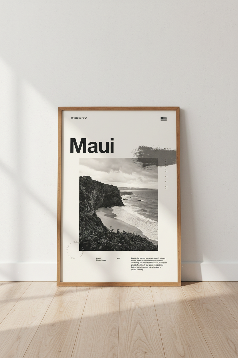 Maui Hawaii Travel Poster | Minimalist Black and White Wall Art, Office Decor