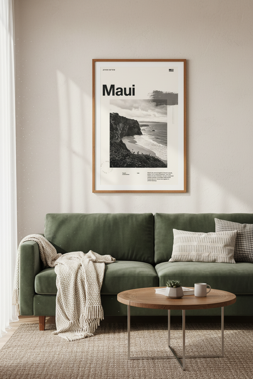 Maui Hawaii Travel Poster | Minimalist Black and White Wall Art, Office Decor