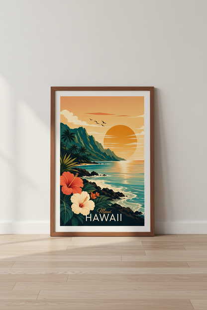 Maui Hawaii Tropical Sunset Wall Art | Coastal Beach Poster, Living Room Decor