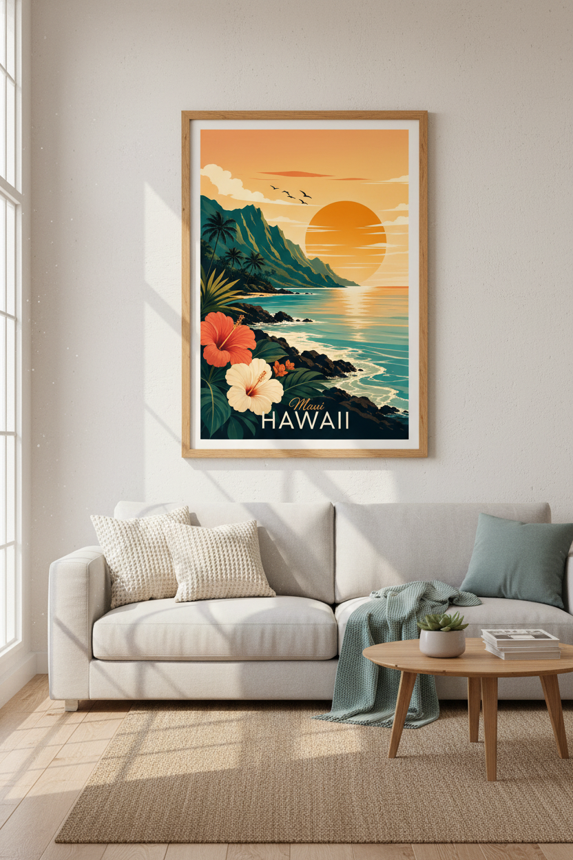 Maui Hawaii Tropical Sunset Wall Art | Coastal Beach Poster, Living Room Decor