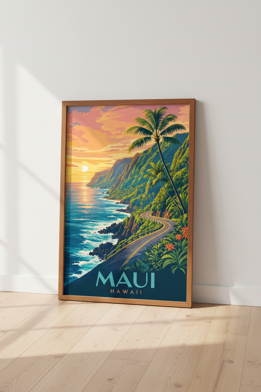 Maui Hawaii Travel Poster | Road to Hana Coastal Sunset Wall Art | Tropical Beach Decor