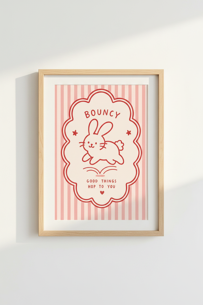 Kawaii Bunny Wall Art Print | Pink Nursery Decor | Cute Aesthetic Poster