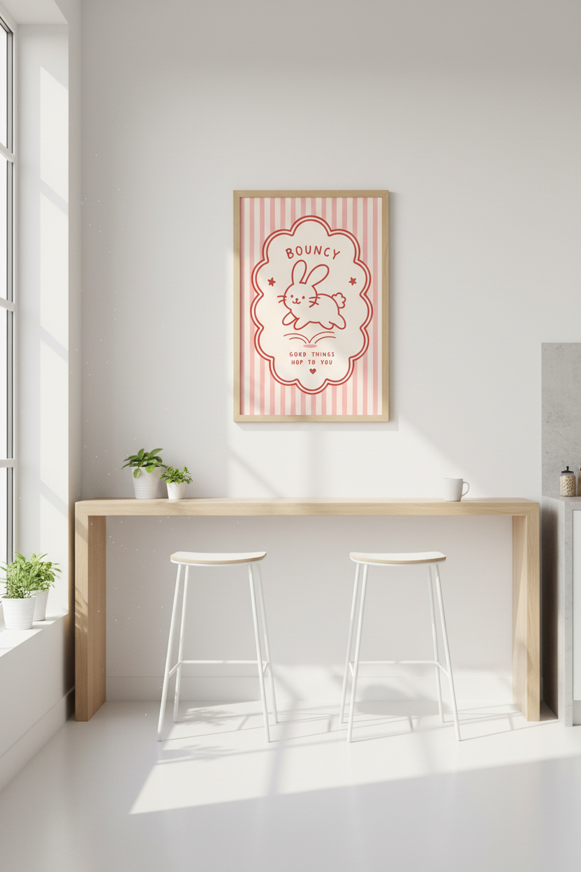 Kawaii Bunny Wall Art Print | Pink Nursery Decor | Cute Aesthetic Poster