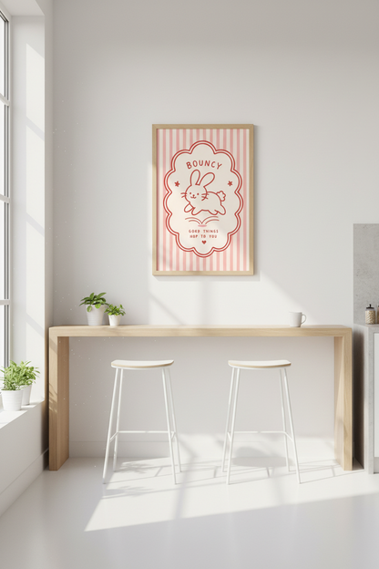 Kawaii Bunny Wall Art Print | Pink Nursery Decor | Cute Aesthetic Poster
