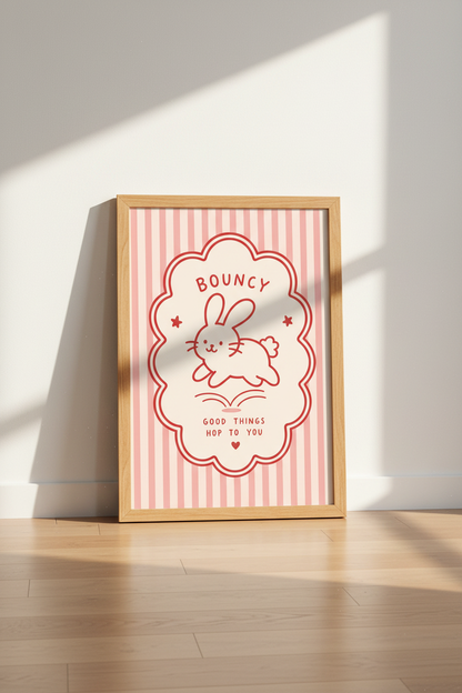 Kawaii Bunny Wall Art Print | Pink Nursery Decor | Cute Aesthetic Poster