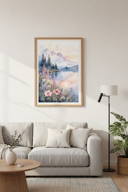Watercolor Mountain Lake Wall Art | Floral Landscape Print | Pastel Nature Poster
