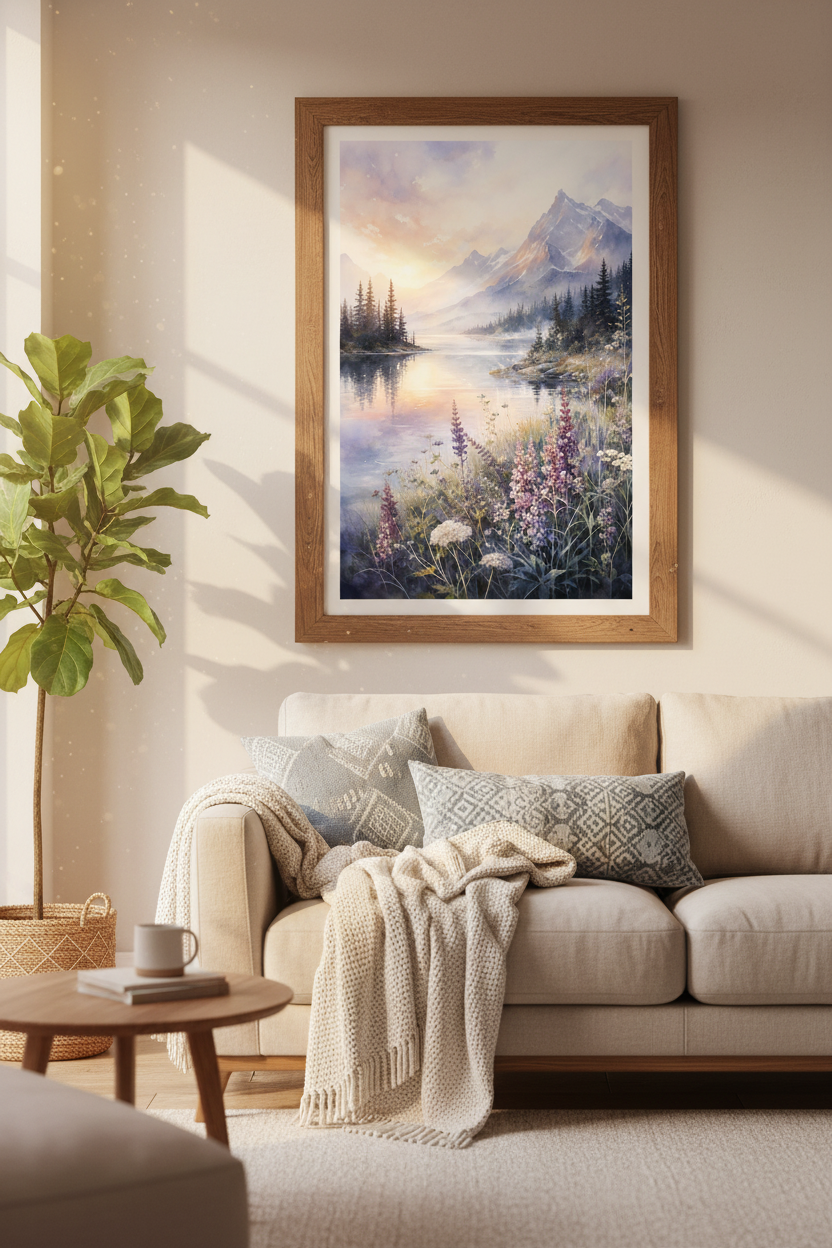 Mountain Lake Watercolor Print | Wildflower Meadow Wall Art | Nature Decor Poster
