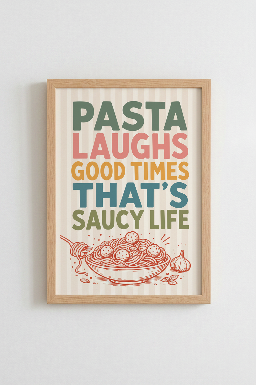 Funny Pasta Quote Wall Art | Retro Kitchen Decor | Saucy Life Poster Print
