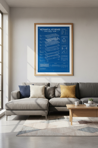 Mechanical Keyboard Blueprint Wall Art | Tech Office Decor | Gaming Setup Poster