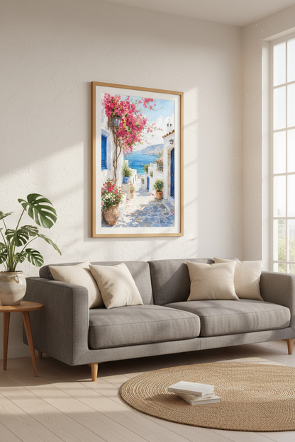 Greek Island Watercolor Print | Mediterranean Coastal Wall Art | Santorini Poster