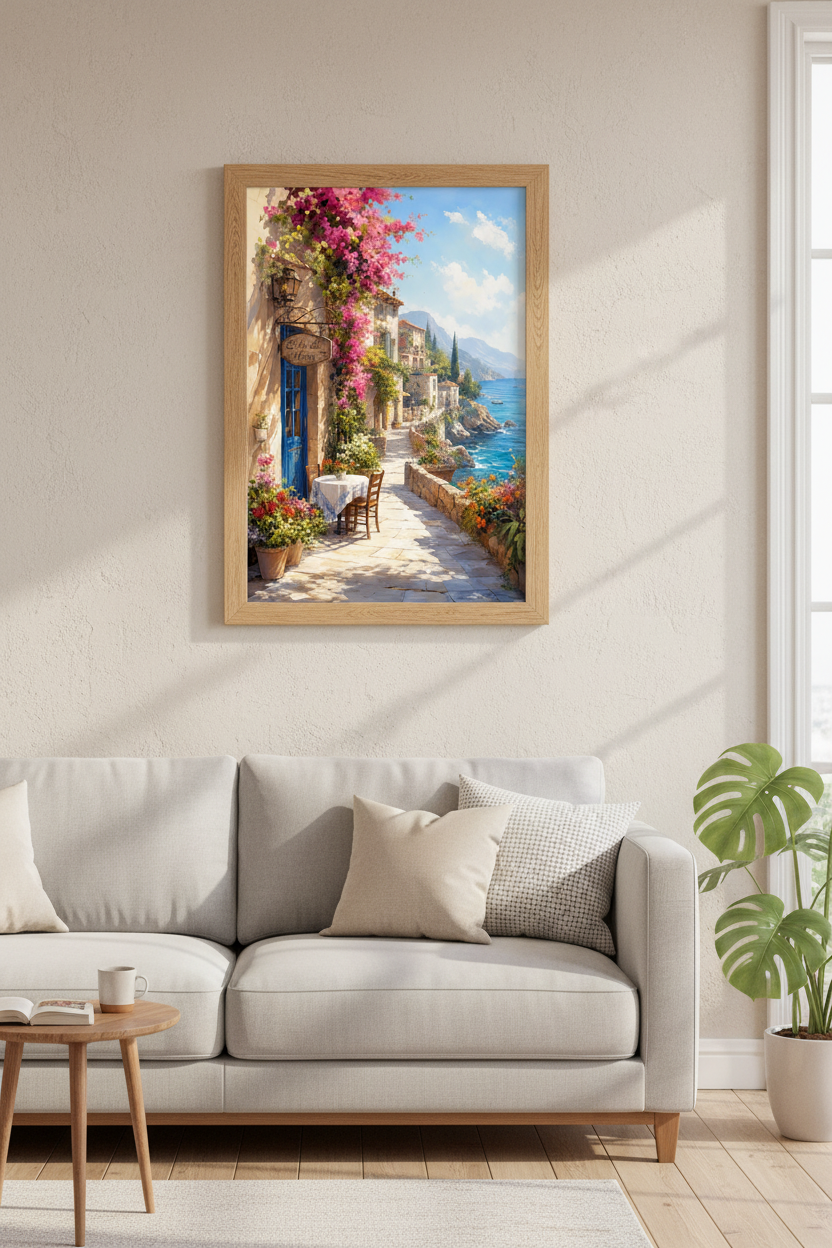Mediterranean Coastal Cafe Wall Art Print | Travel Poster | Italian Seaside Decor