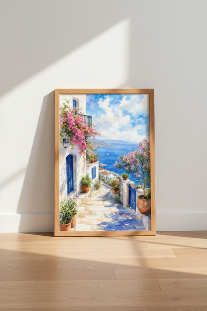 Mediterranean Coastal Village Watercolor | Blue Sea Wall Art | Greek Summer Poster