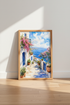 Mediterranean Coastal Village Watercolor | Blue Sea Wall Art | Greek Summer Poster