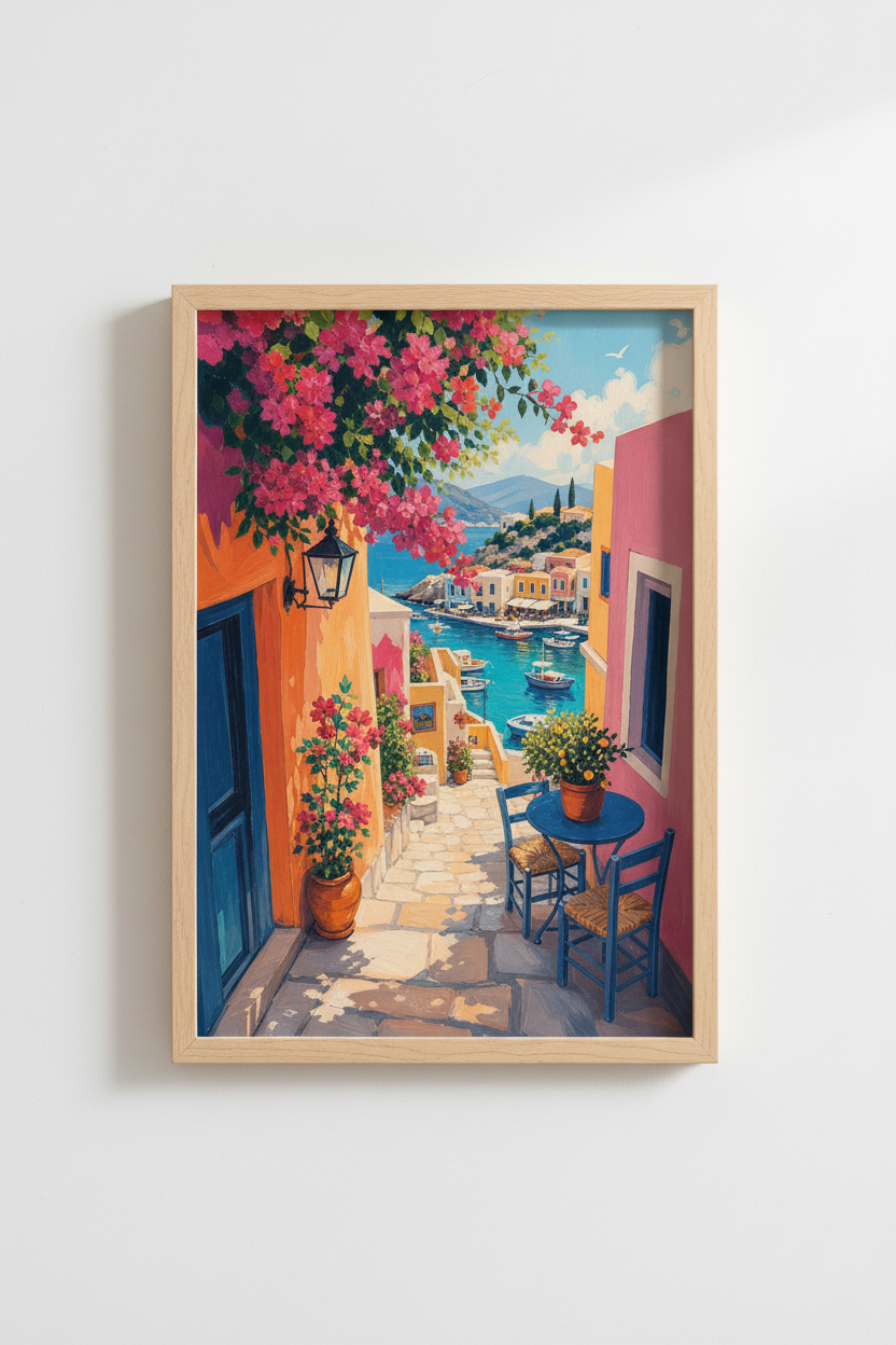 Coastal Greek Wall Art | Mediterranean Landscape Print, Colorful Summer Travel Poster