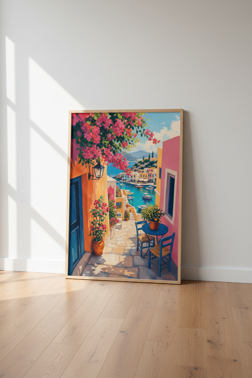 Coastal Greek Wall Art | Mediterranean Landscape Print, Colorful Summer Travel Poster
