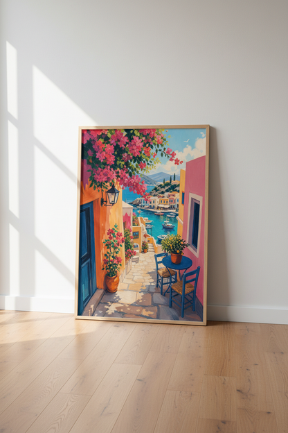 Coastal Greek Wall Art | Mediterranean Landscape Print, Colorful Summer Travel Poster