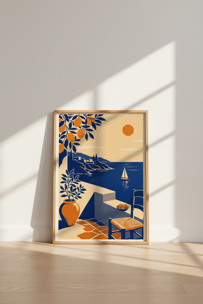 Amalfi Coast Mediterranean Art | Navy &amp; Orange Coastal Decor, Italian Travel Poster