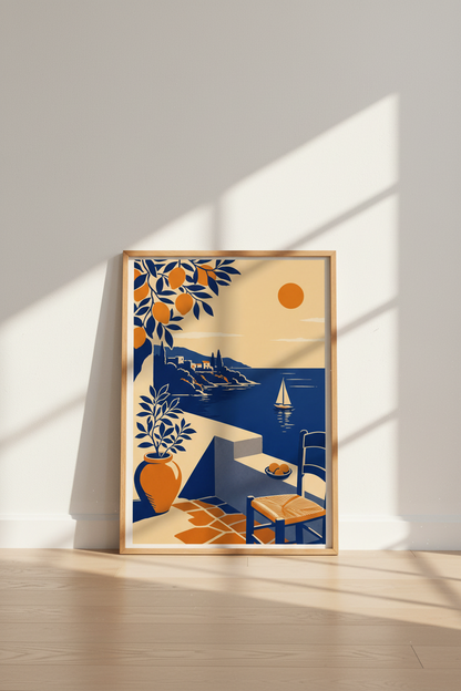 Amalfi Coast Mediterranean Art | Navy &amp; Orange Coastal Decor, Italian Travel Poster
