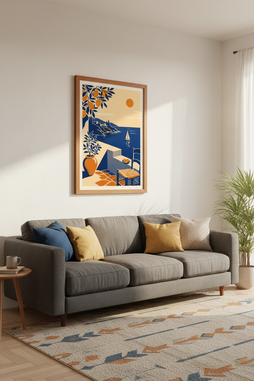 Amalfi Coast Mediterranean Art | Navy &amp; Orange Coastal Decor, Italian Travel Poster