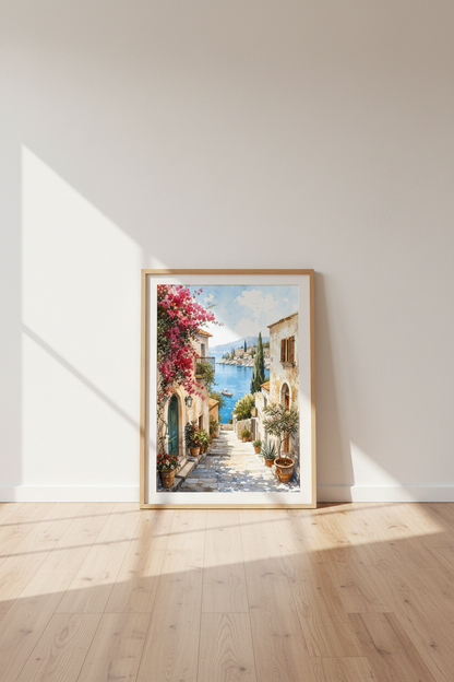 Coastal Village Watercolor | Mediterranean Landscape Art, Blue Ocean Decor