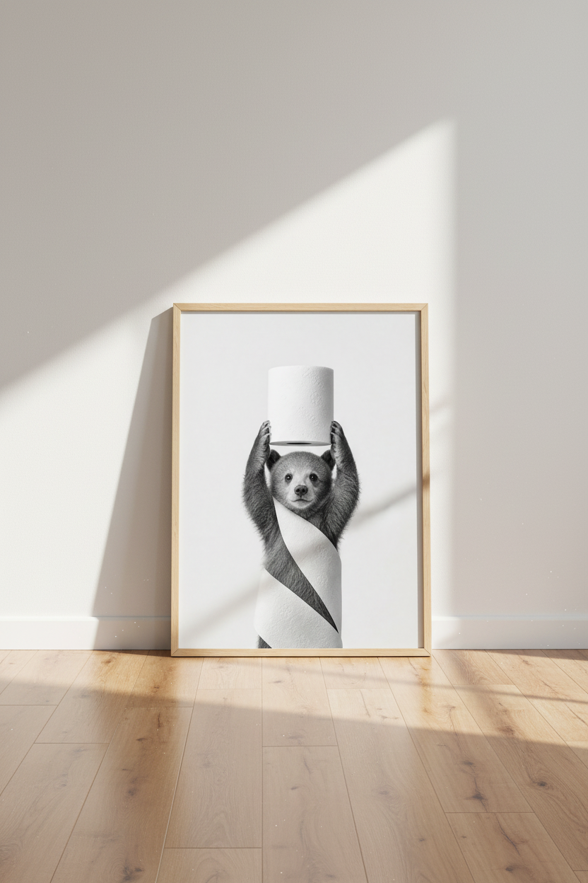 Bear with Toilet Paper Wall Art | Funny Bathroom Decor, Black and White Poster