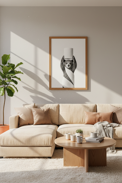 Bear with Toilet Paper Wall Art | Funny Bathroom Decor, Black and White Poster