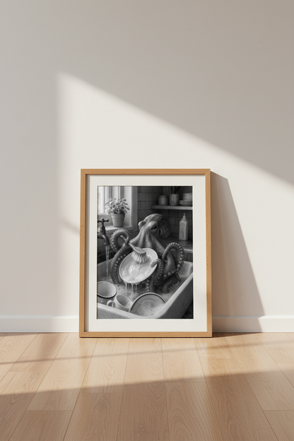 Octopus Washing Dishes | Black and White Surrealism, Quirky Kitchen Decor