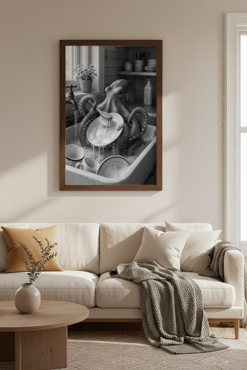 Octopus Washing Dishes | Black and White Surrealism, Quirky Kitchen Decor