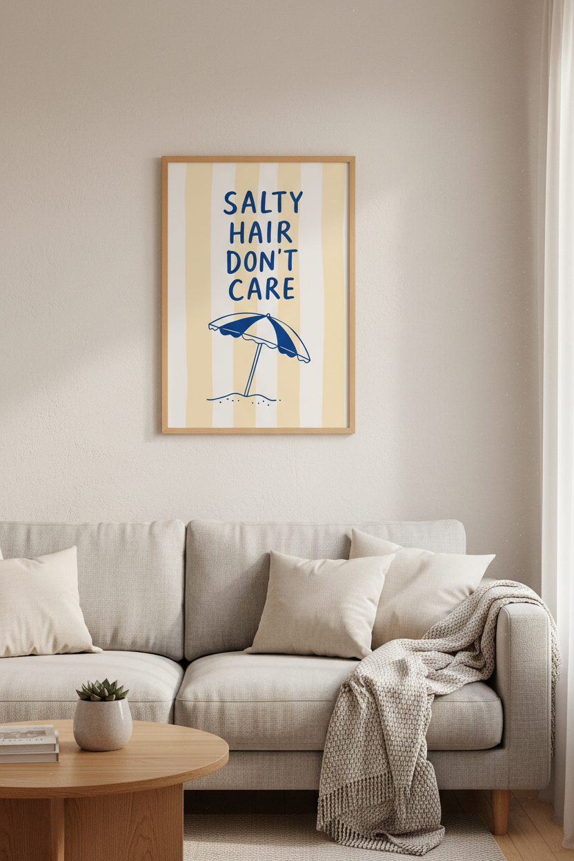 Coastal Beach Wall Art Print | Yellow Striped Summer Decor | Preppy Nautical Poster